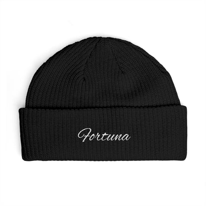 Fortuna Script Cuff Beanie | Embroidered Knit Hat
