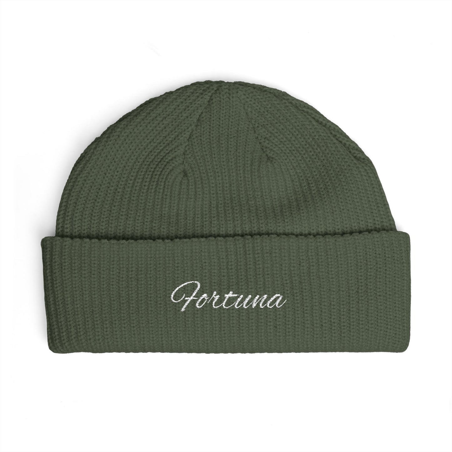 Fortuna Script Cuff Beanie | Embroidered Knit Hat