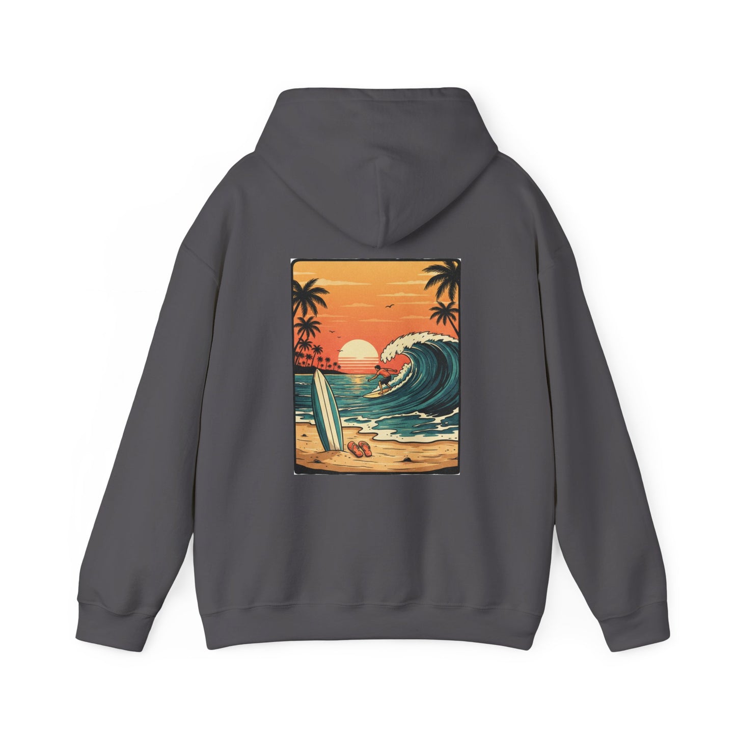 Retro Sunset Surf Scene Hoodie | Beach Wave Palm Trees