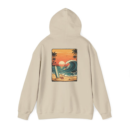Retro Sunset Surf Scene Hoodie | Beach Wave Palm Trees