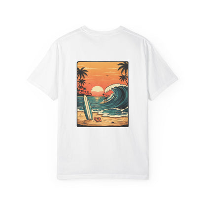 Sunset Surf Scene T-shirt | Retro Beach Wave Illustration