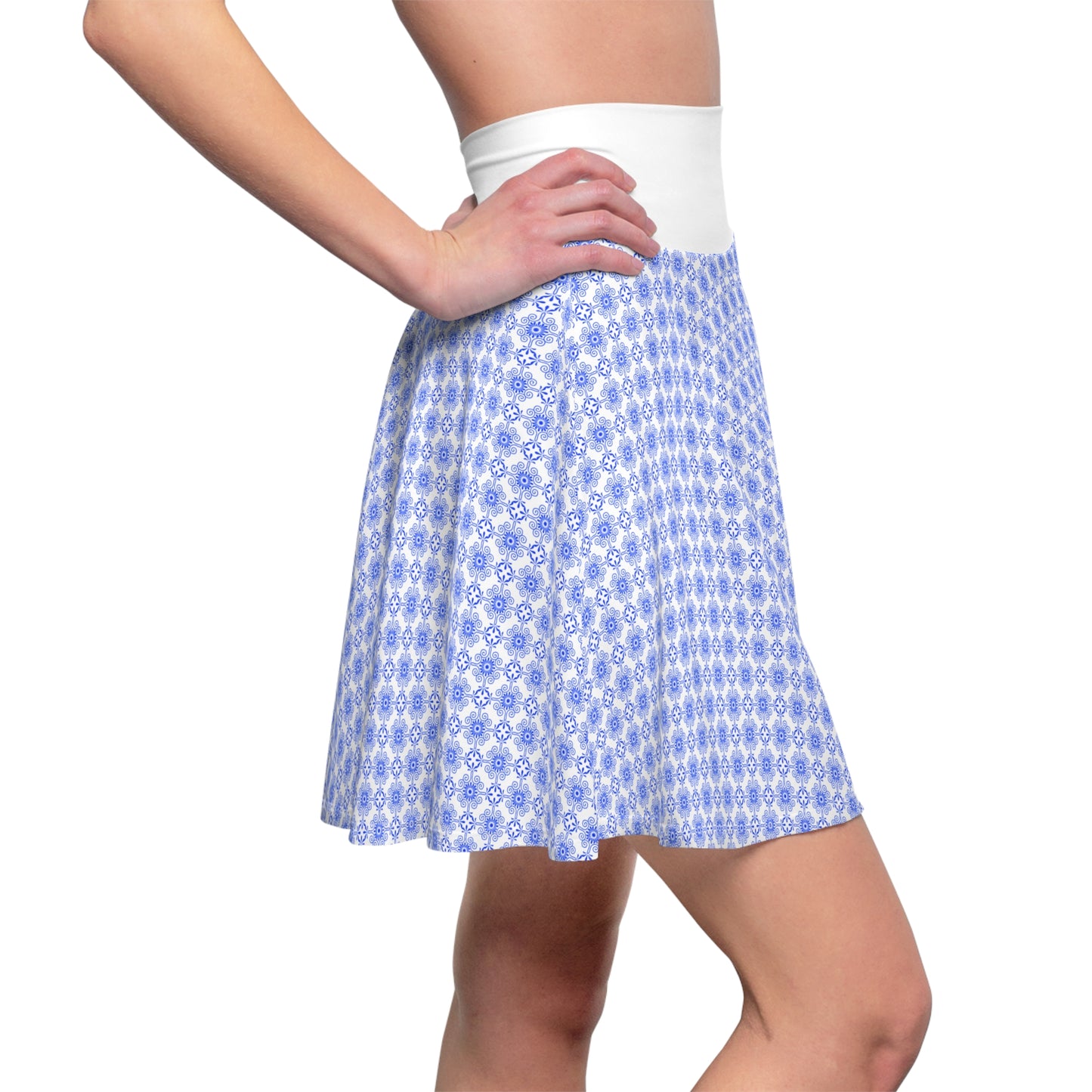 Blue Greek Floral Skater Skirt — Soft Pastel Pattern AOP
