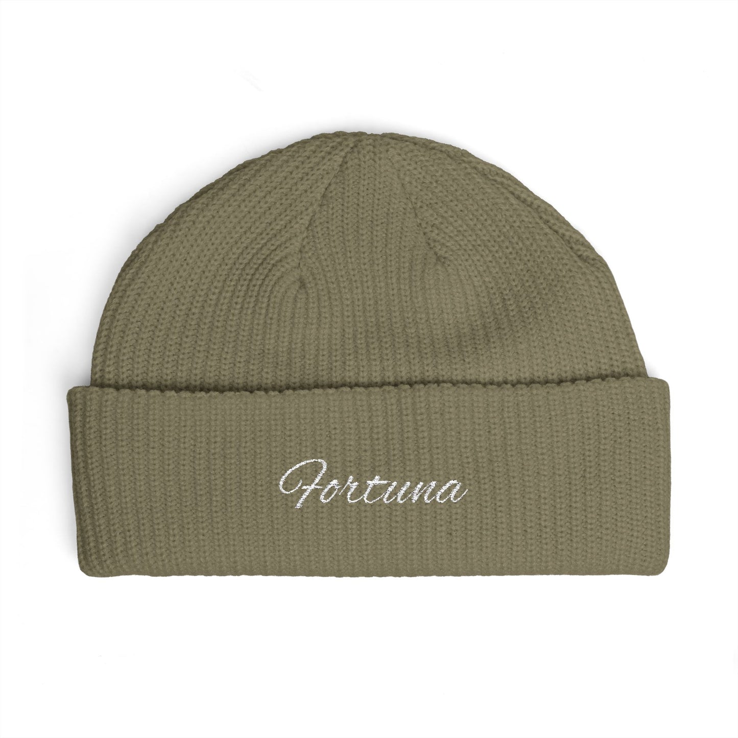 Fortuna Script Cuff Beanie | Embroidered Knit Hat