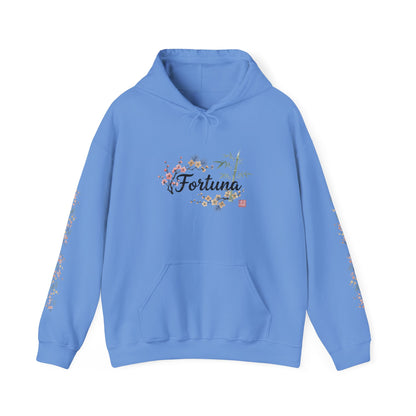 Fortuna hoodie | botanical lettering, sleeve florals