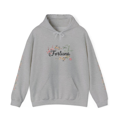 Fortuna hoodie | botanical lettering, sleeve florals