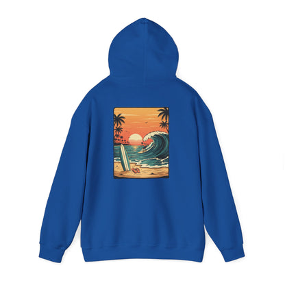 Retro Sunset Surf Scene Hoodie | Beach Wave Palm Trees