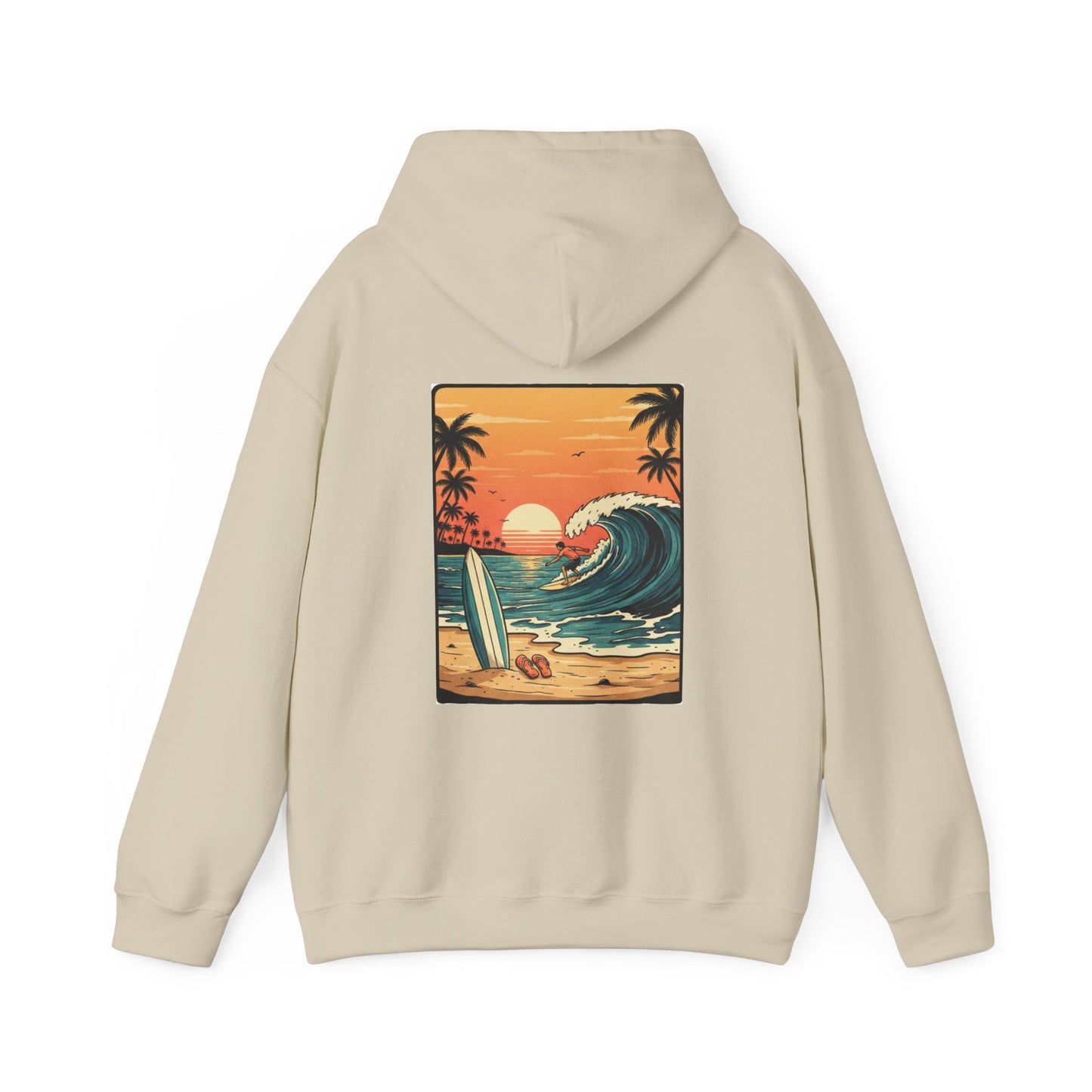 Retro Sunset Surf Scene Hoodie | Beach Wave Palm Trees