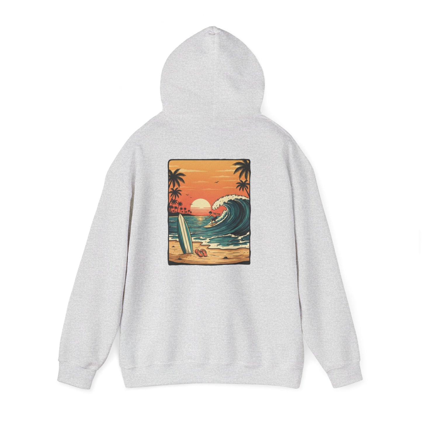 Sunset Surf Scene Hoodie | Retro Beach Wave Surfboard Palm Trees