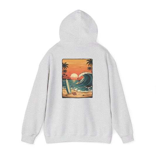 Sunset Surf Scene Hoodie | Retro Beach Wave Surfboard Palm Trees