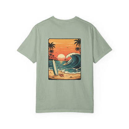 Sunset Surf Scene T-Shirt | Beach Wave Surfboard Tee