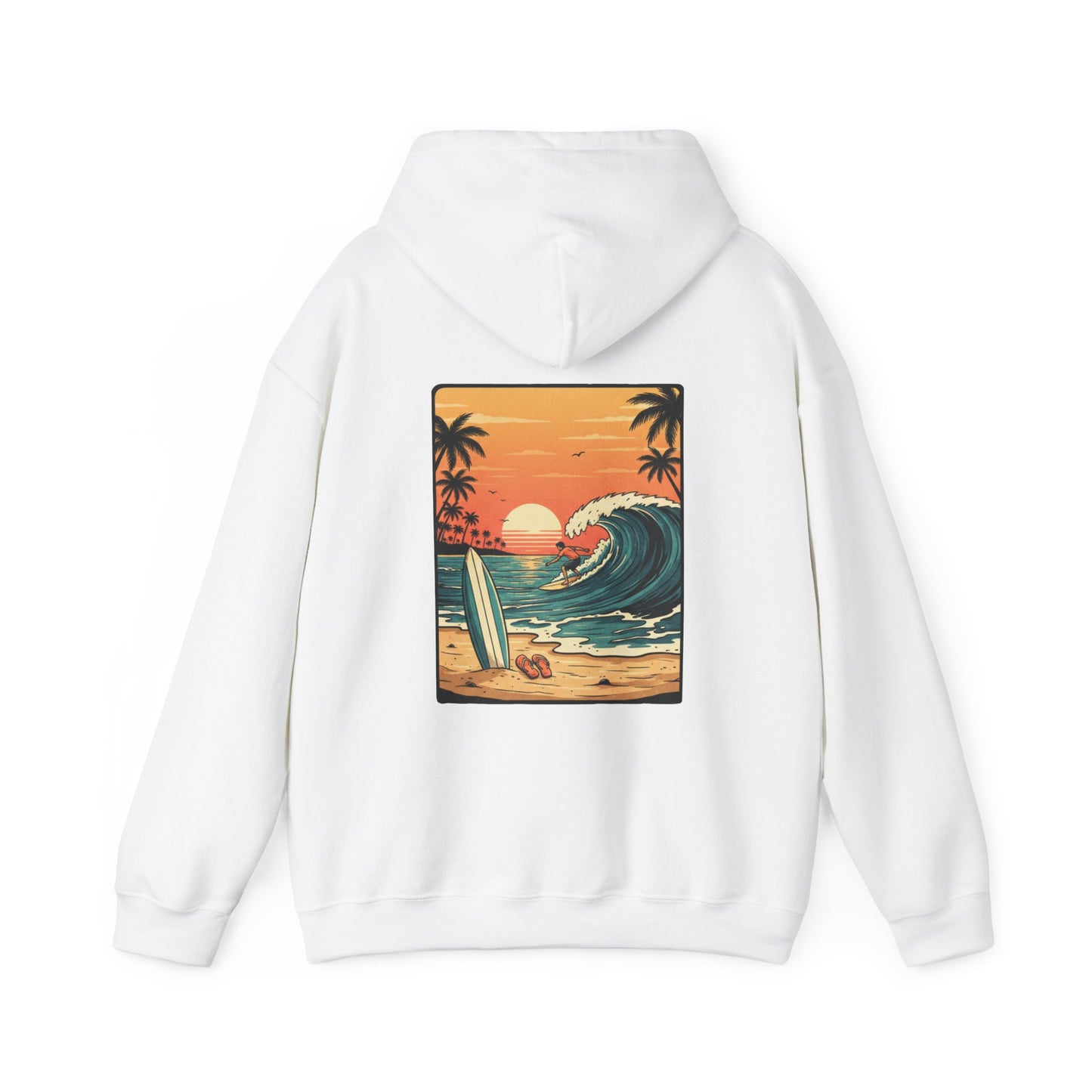 Sunset Surf Scene Hoodie | Retro Beach Wave Surfboard Palm Trees